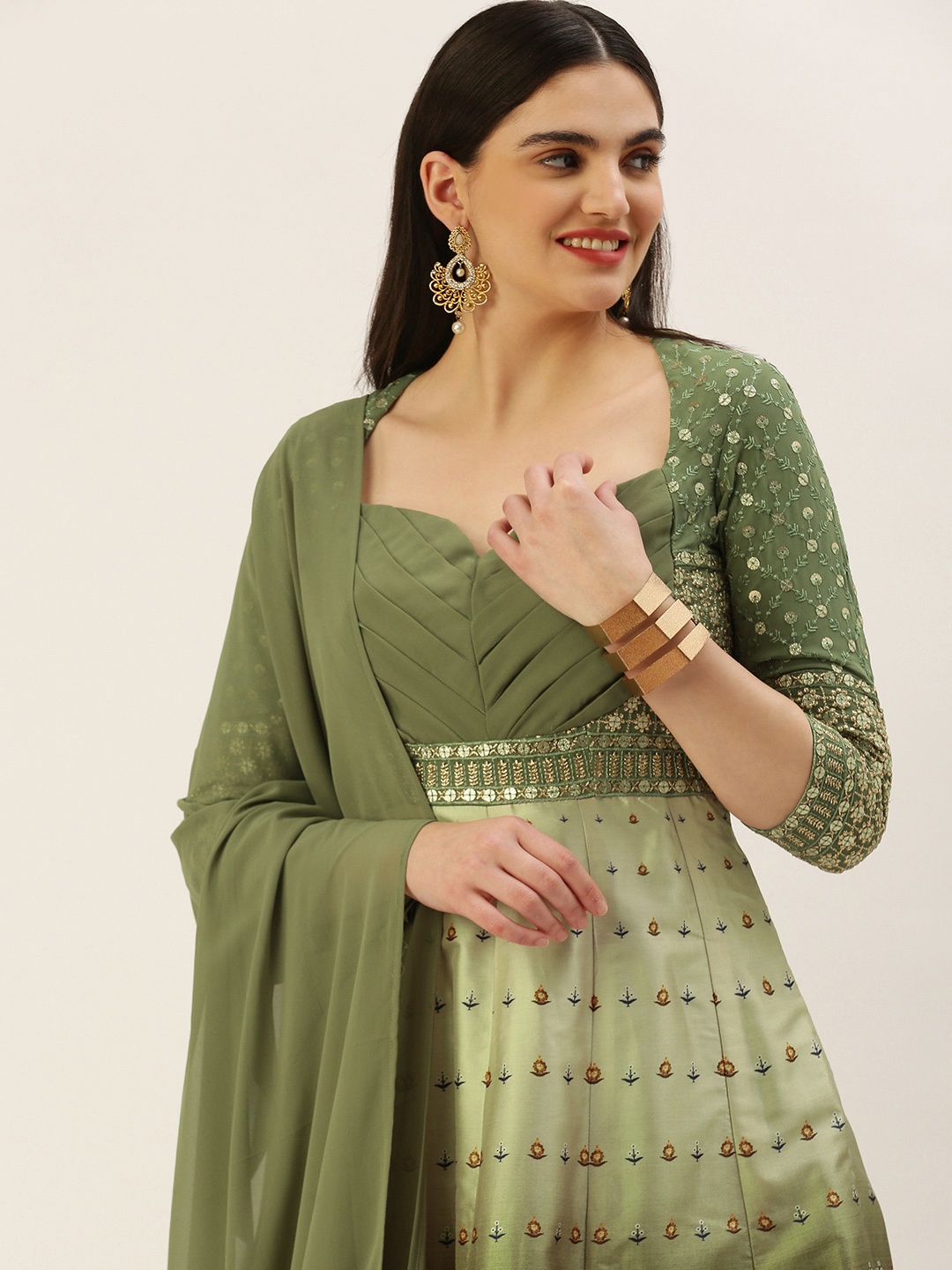 

Ethnovog Ready To Wear Green Printed Kali N Embroidered Anarkali Suit