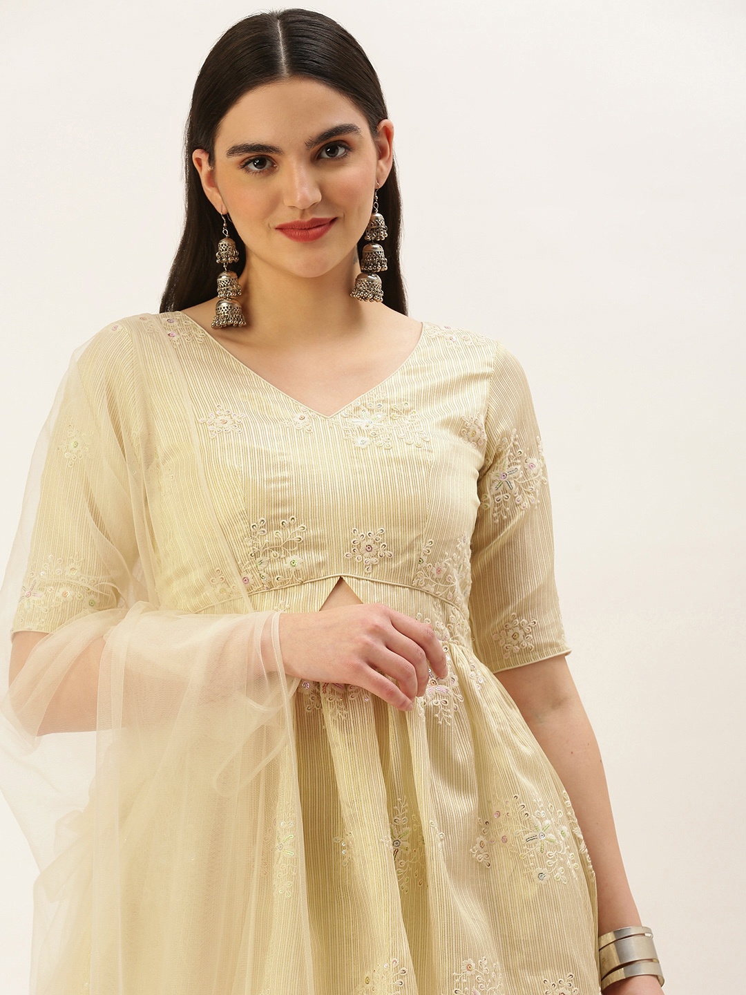 

Ethnovog Ready To Wear Beige Art Silk Embroidered Gharara Set