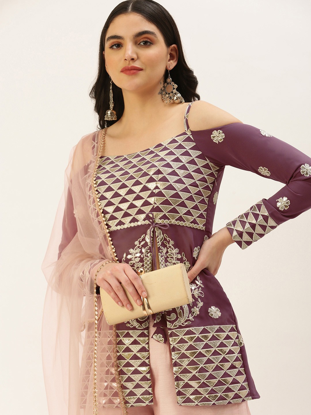 

Ethnovog Ready To Wear Mauve Embroidered Cold Shoulder Palazzo Set