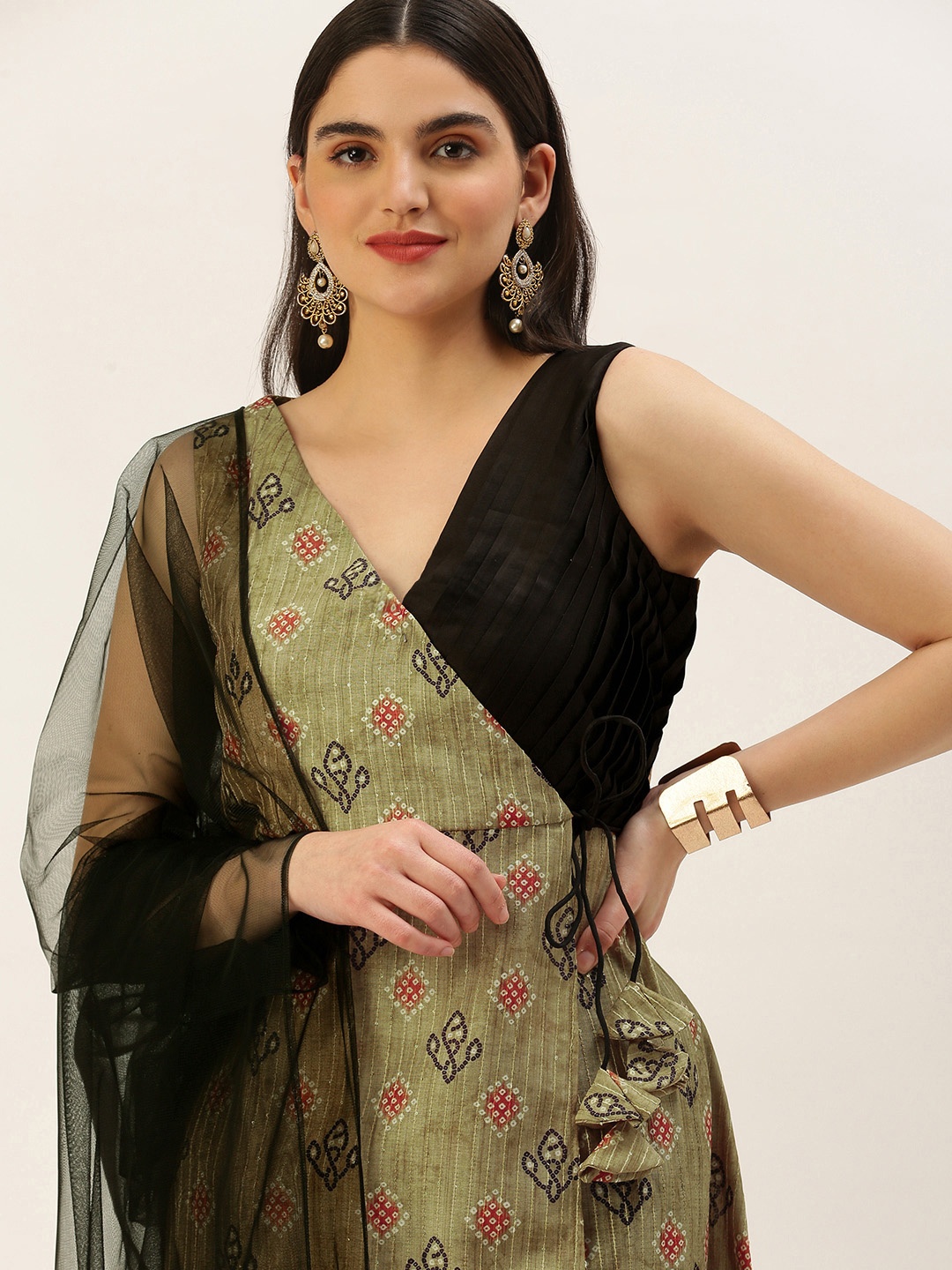 

Ethnovog Ready To Wear Black N Green Printed Art Silk Anarkali Set