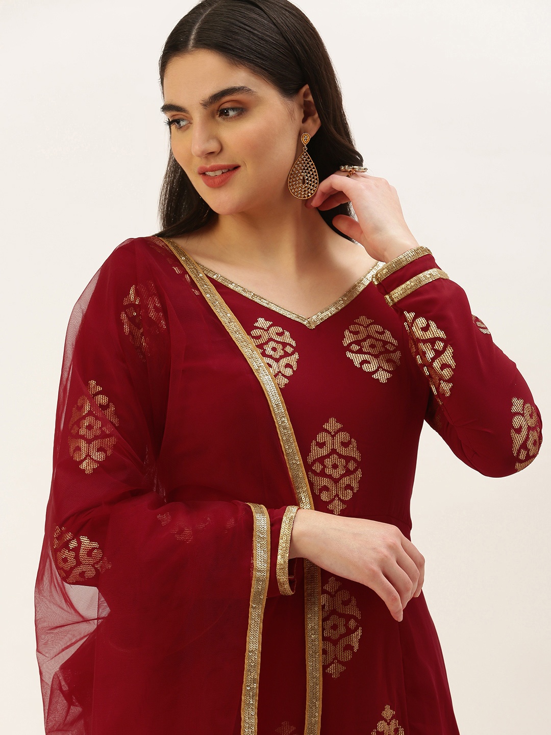 

Ethnovog Ready To Wear Maroon Embroidered Anarkali Suit Set
