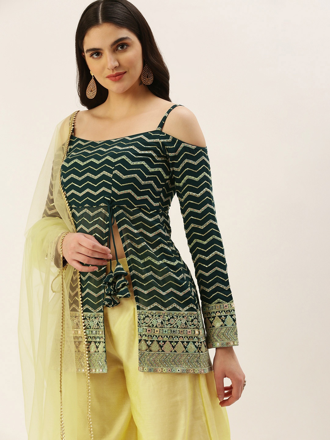 

Ethnovog Ready To Wear Green Embroidered Cold shoulder Palazzo Set
