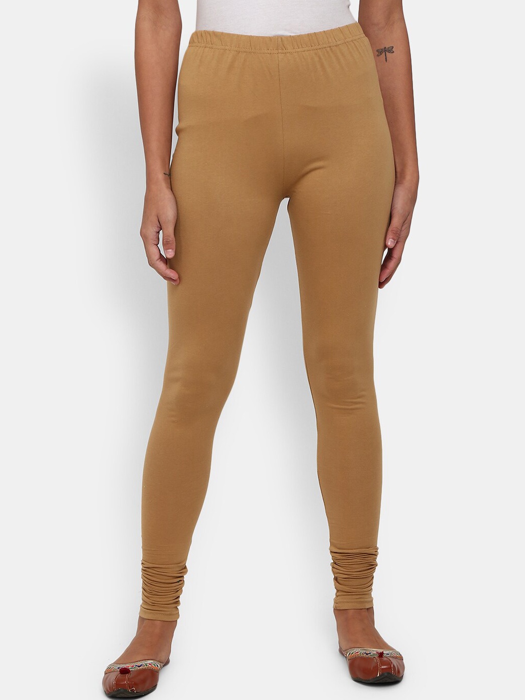 

V-Mart Women Solid Churidar Length Cotton Leggings, Beige