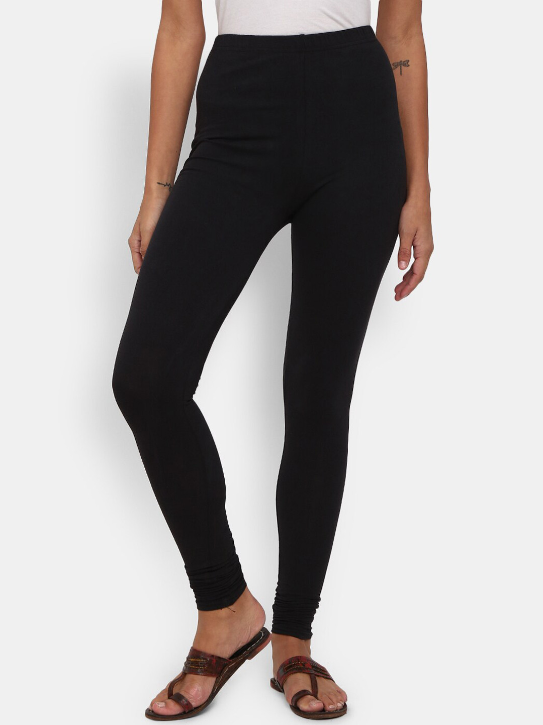 

V-Mart Women Black Solid Churidar Length Cotton Leggings