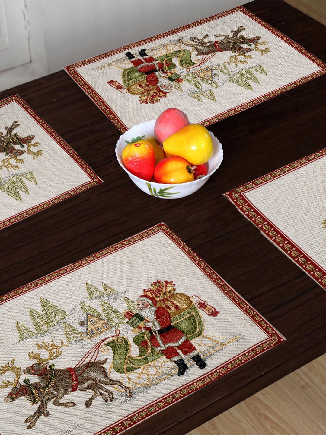 

AVI Living Set of 4 White Green Christmas Jaquard Woven Table Placemats