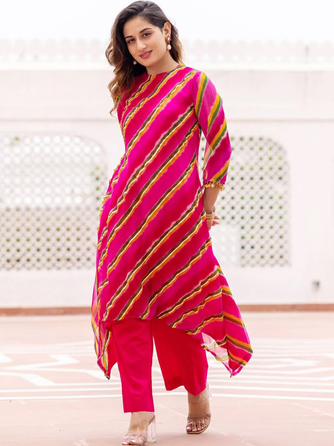 

Ambraee Women Pink Striped Kurta with Trousers