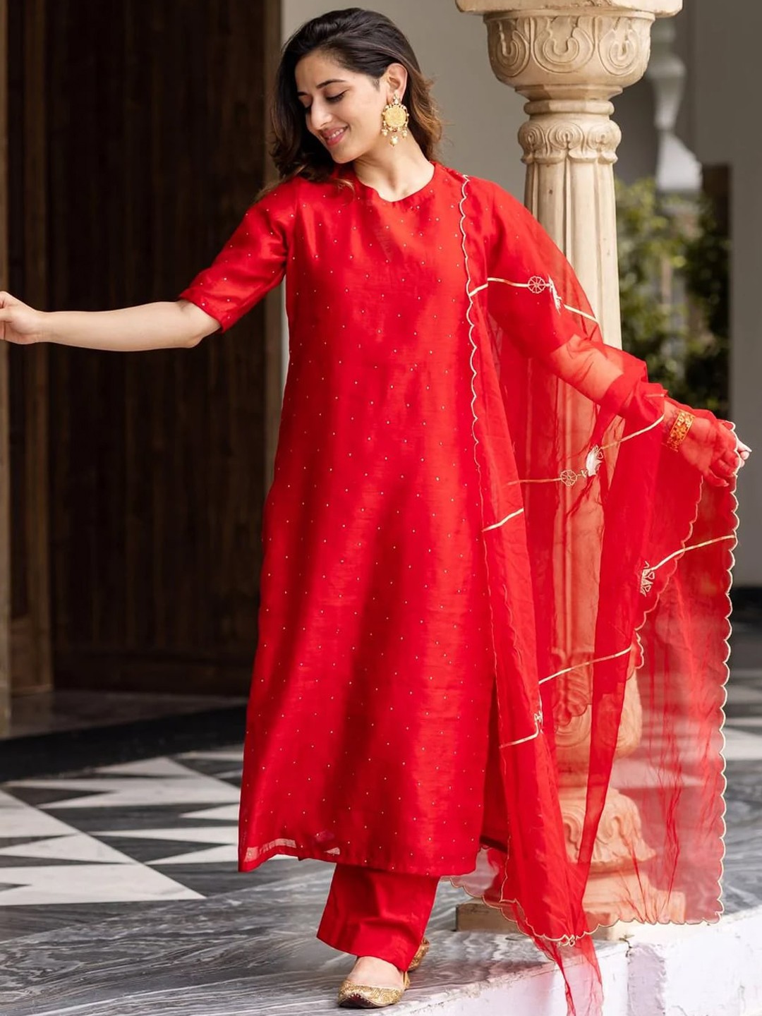 

Ambraee Women Red Self Design Chanderi Cotton Kurta with Trousers & Dupatta