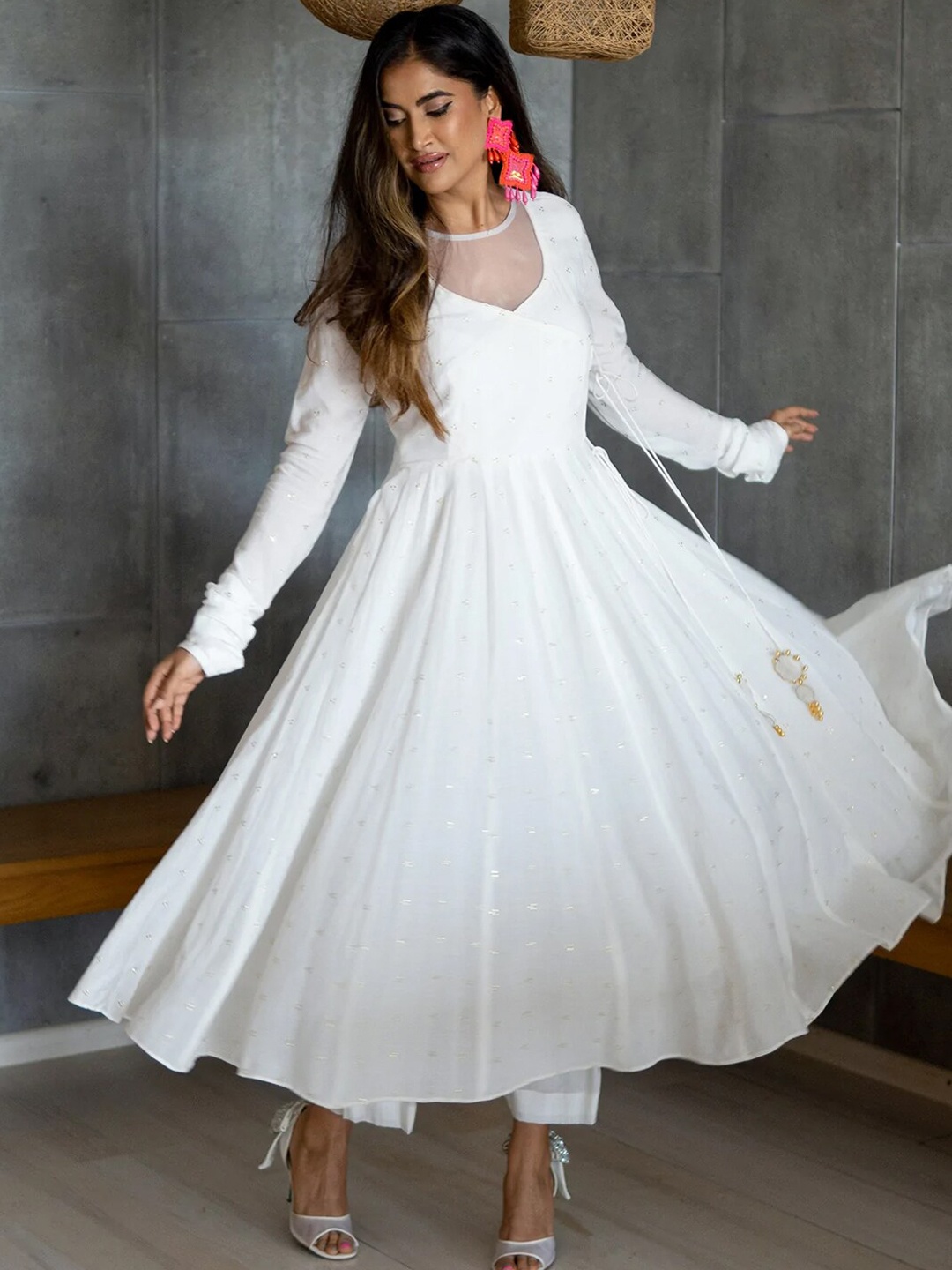 

Ambraee Women White Angrakha Anarkali Kurta with Trousers
