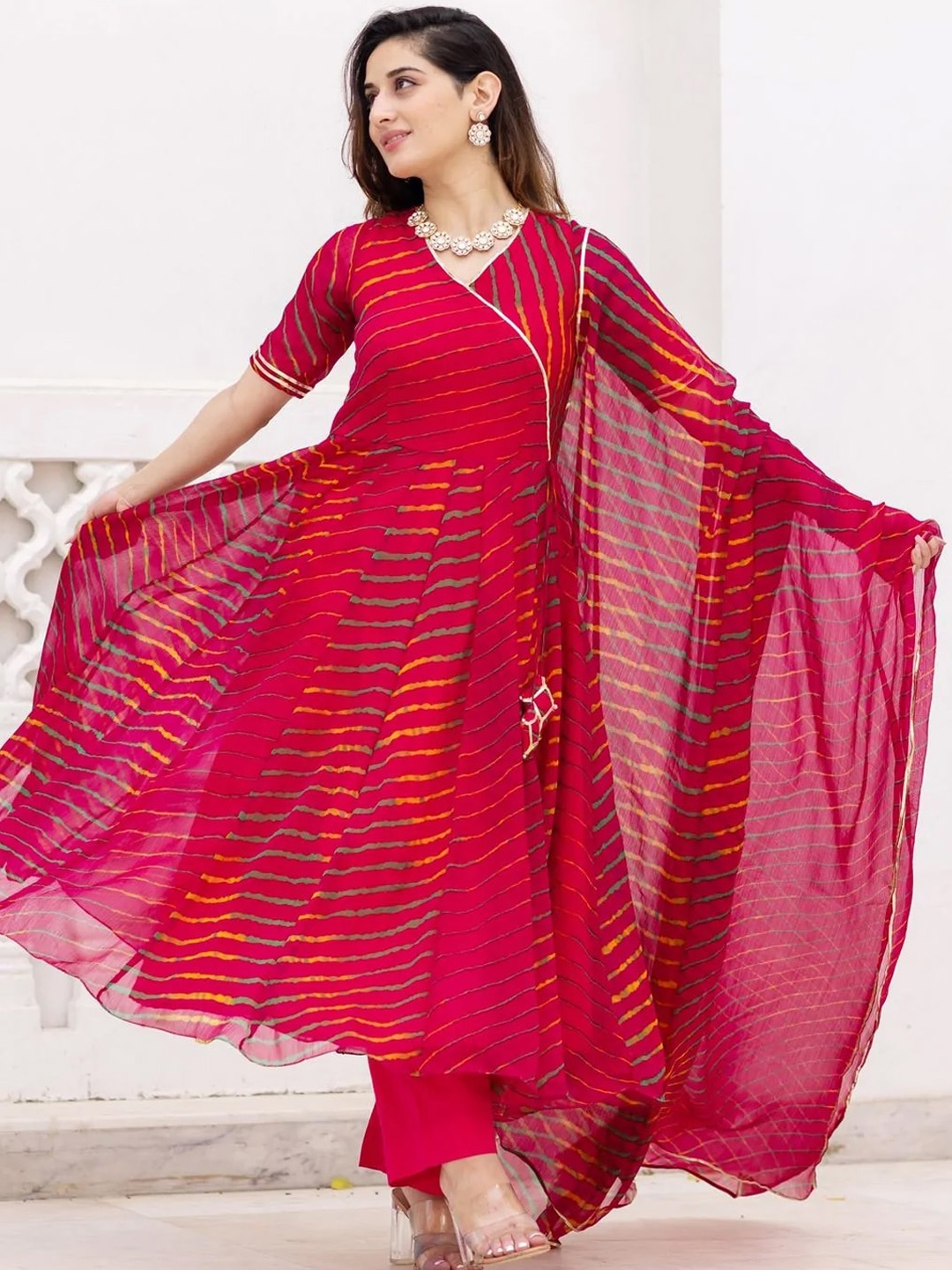 

Ambraee Women Pink Leheriya Angrakha Anarkali Kurta with Trousers & Dupatta