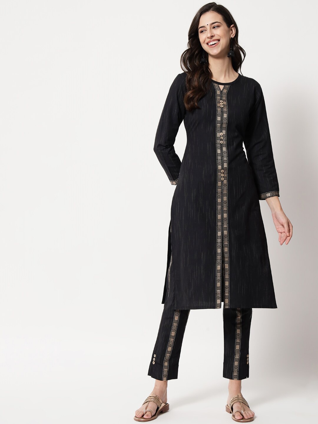

Tibra Collection Women Black Striped Pure Cotton Kurta with Trousers