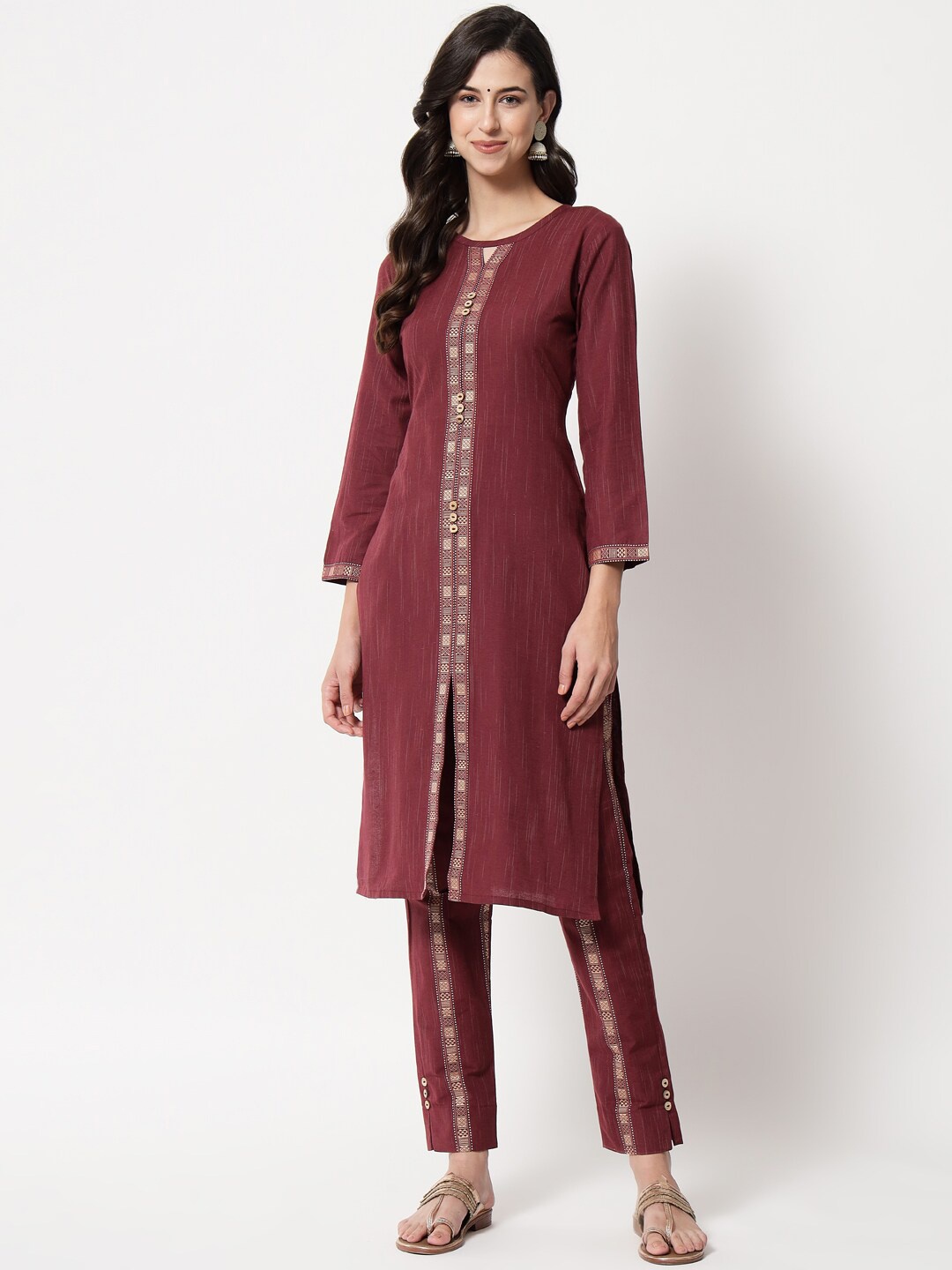 

Tibra Collection Women Maroon Striped Pure Cotton Kurta with Trousers
