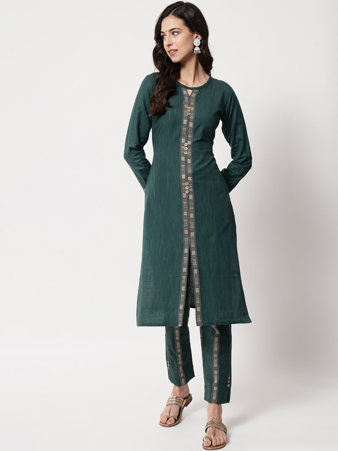 

Tibra Collection Women Green Striped Pure Cotton Kurta with Trousers