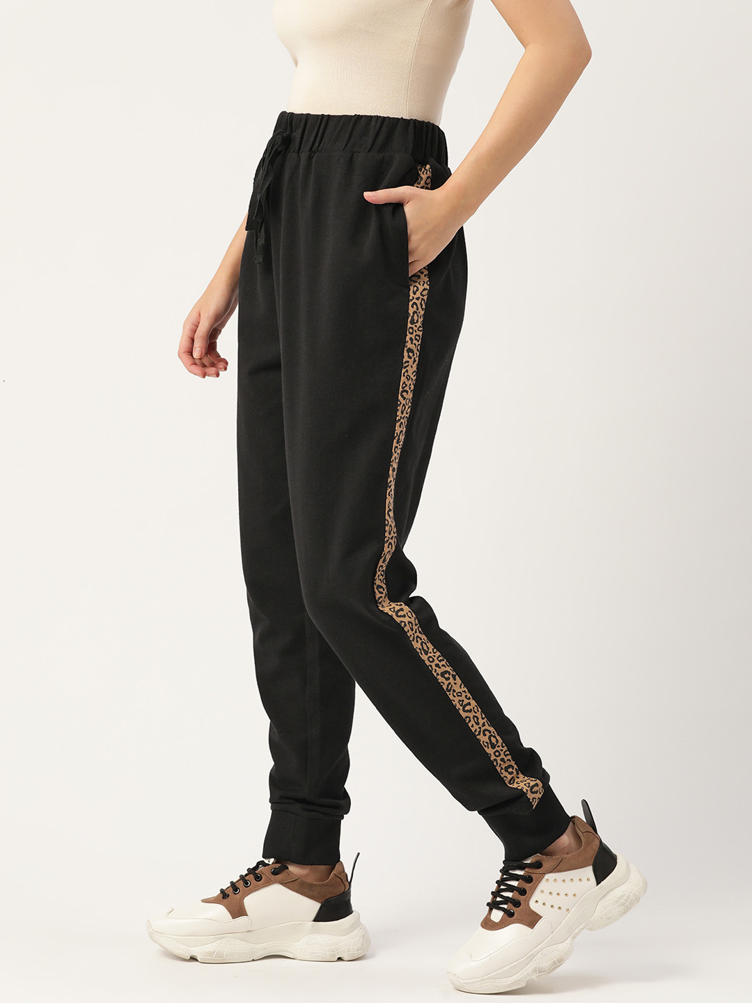 

WISSTLER Women Black Animal Print Striped Relaxed Mom Fit Trousers
