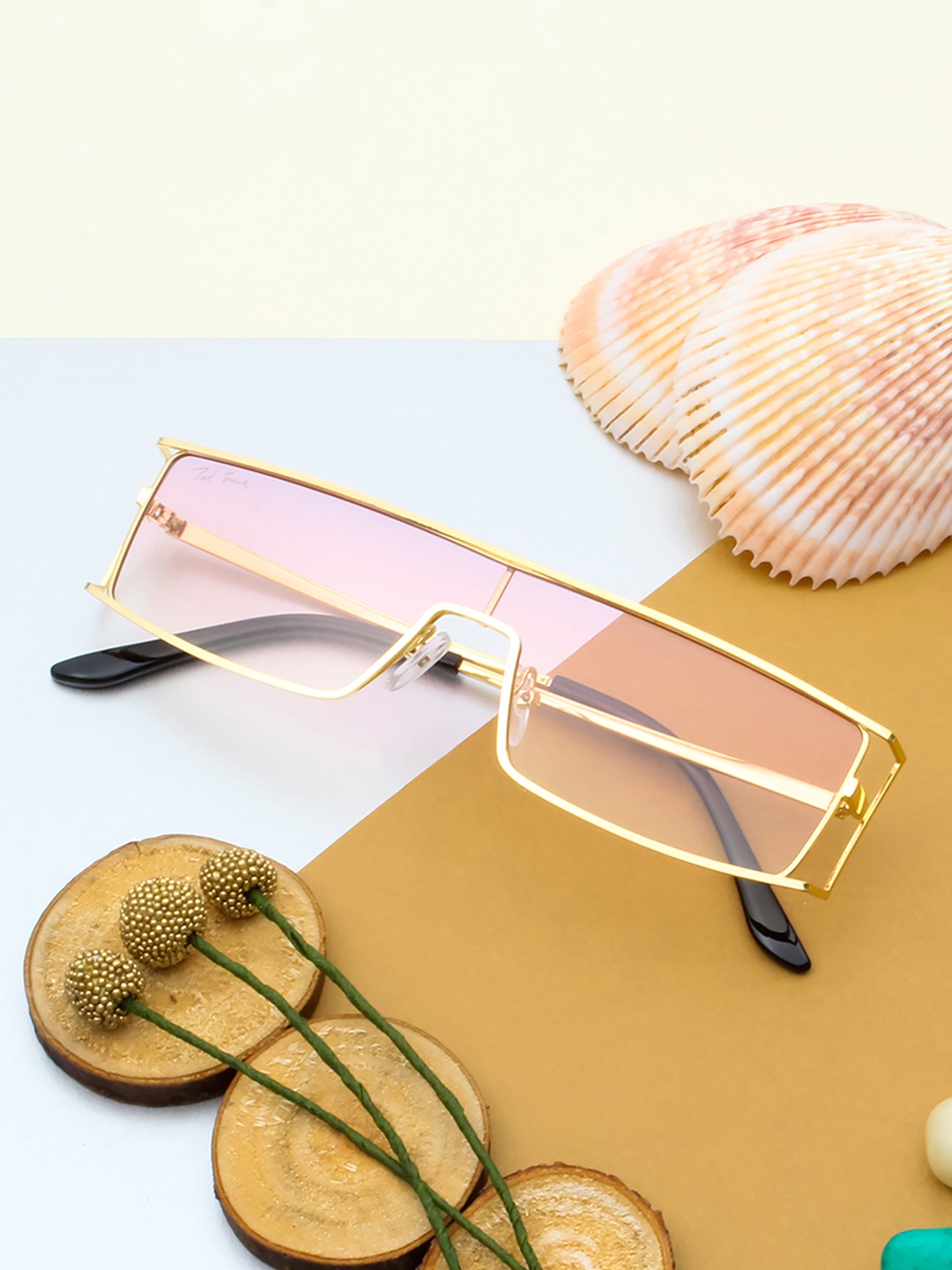 

Ted Smith Unisex Pink Lens & Gold-Toned Shield Sunglasses with UV Protected Lens