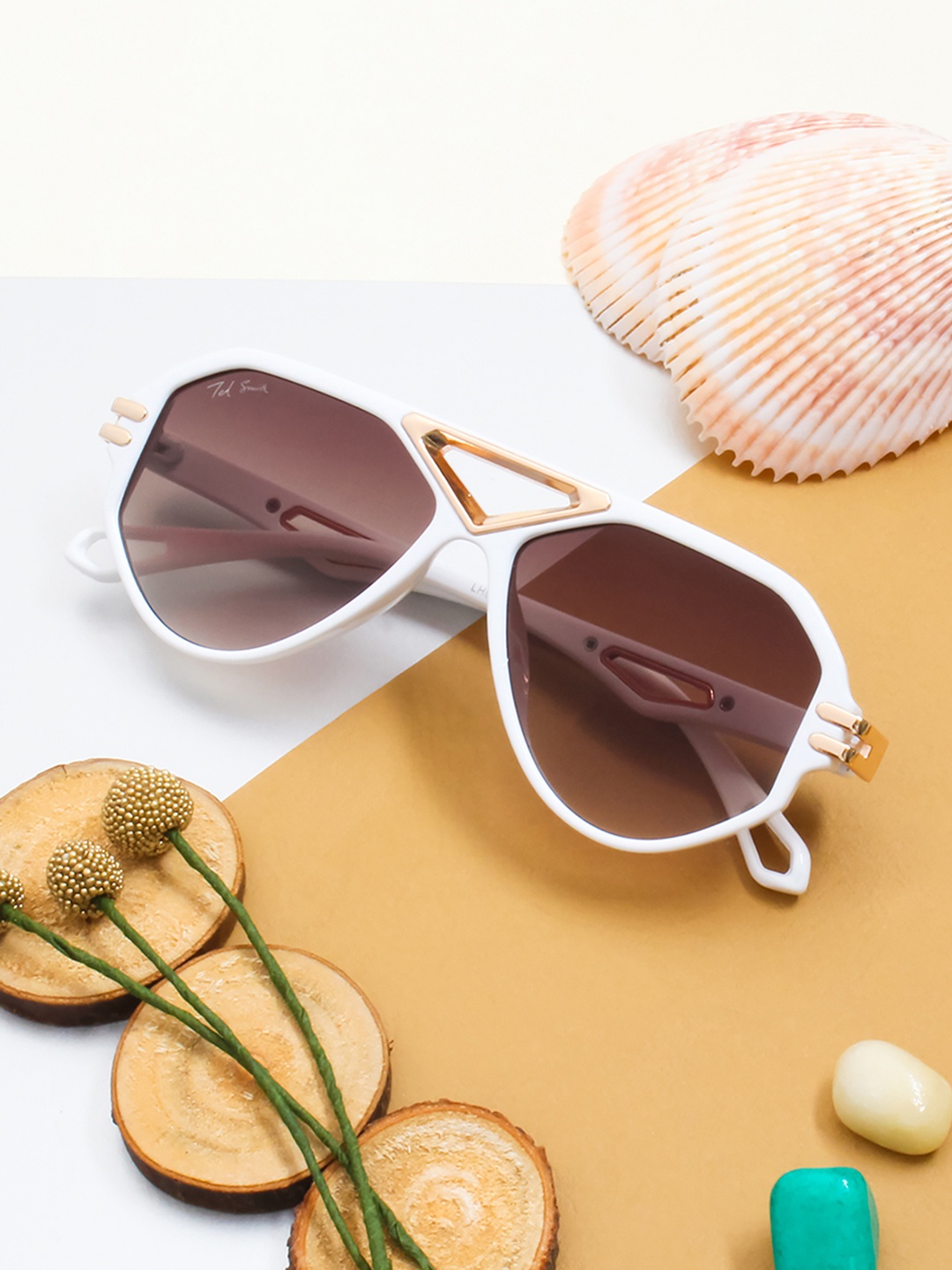 

Ted Smith Brown Lens & White Aviator Sunglasses with UV Protected Lens
