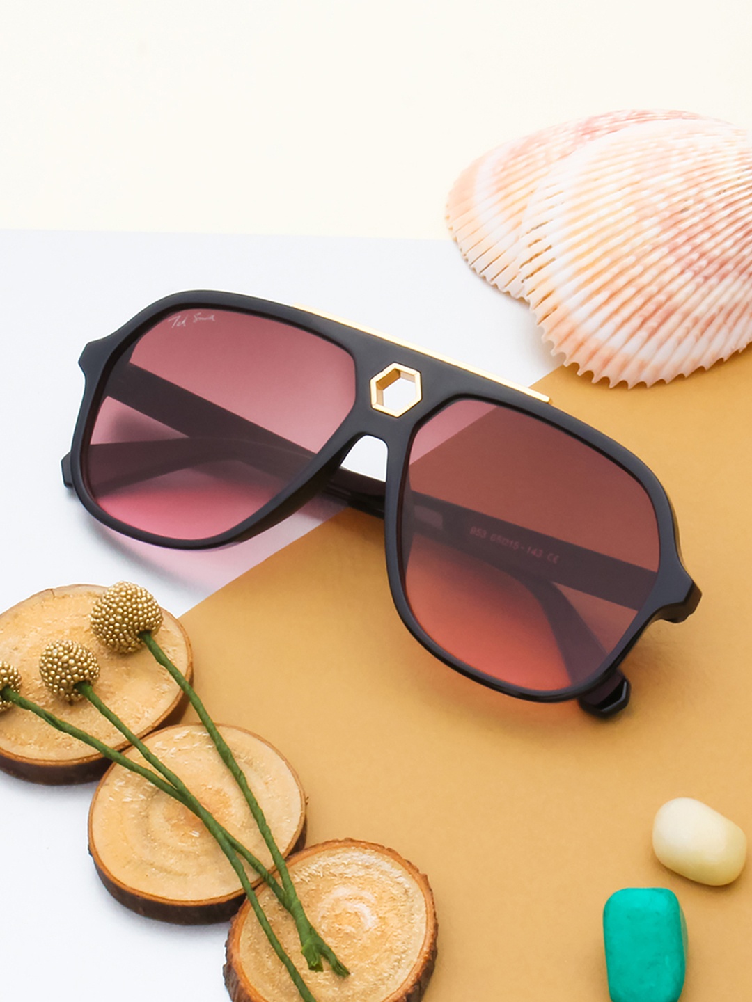 

Ted Smith Unisex Pink Lens & Black Aviator Sunglasses with UV Protected Lens