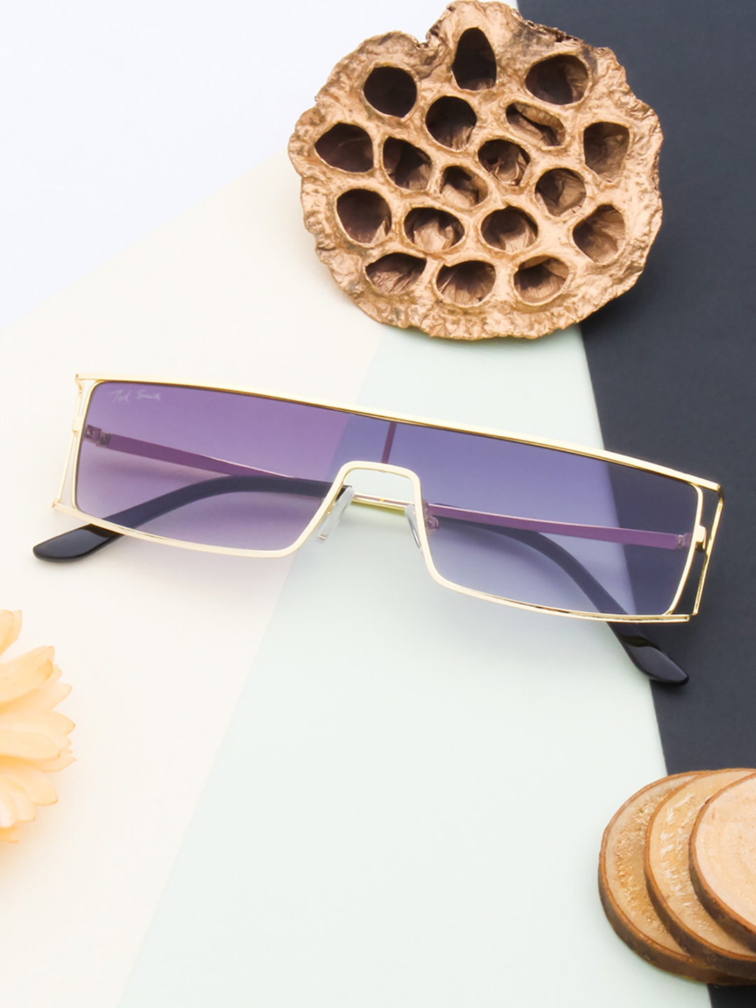 

Ted Smith Grey Lens & Gold-Toned Shield Sunglasses with UV Protected Lens