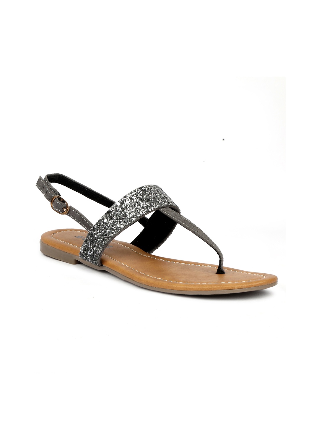 

SOLES Women Gunmetal-Toned T-Strap Flats, Metallic