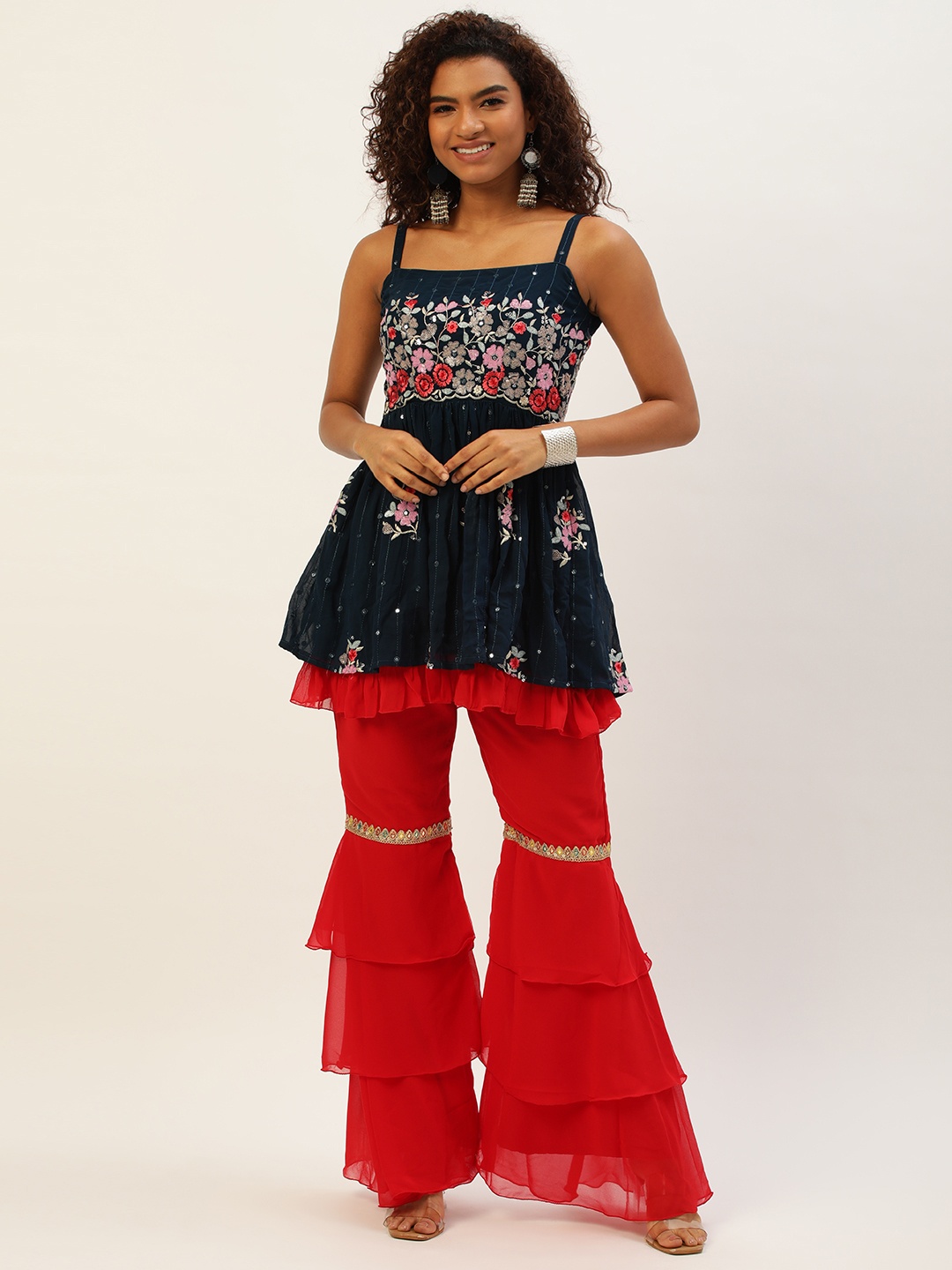 

Ethnovog Floral Embroidered Pleated Sequinned Kurti With Sharara, Navy blue