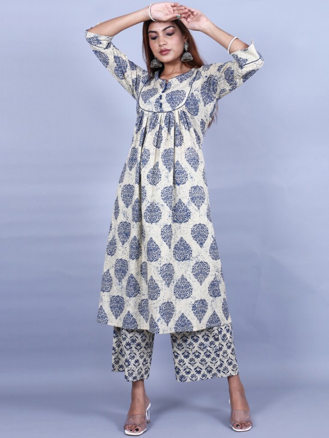 

HERE&NOW Women Grey Ethnic Motifs Printed Pleated Kurta with Palazzos