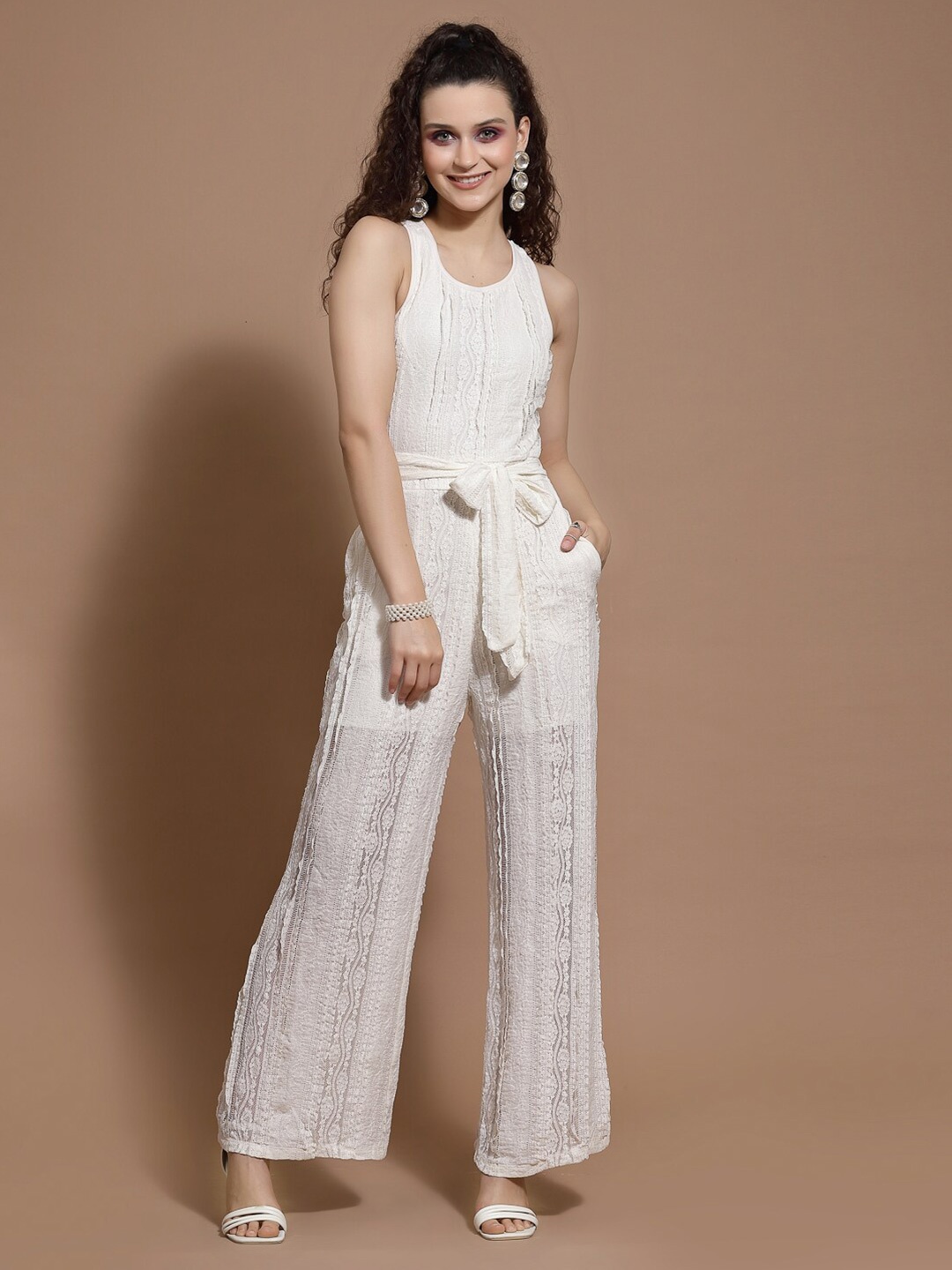 

KASSUALLY White Basic Jumpsuit with Lace Inserts