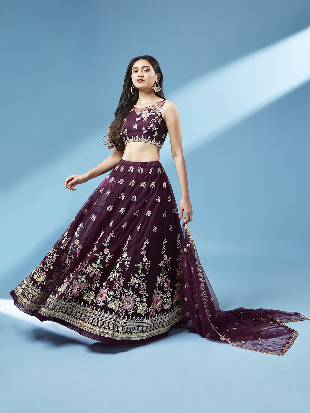 

panchhi Burgundy & Gold-Toned Embroidered Sequinned Semi-Stitched Lehenga & Unstitched Blouse With Dupatta