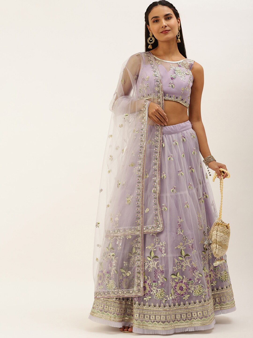 

panchhi Mauve & Purple Embroidered Sequinned Semi-Stitched Lehenga & Unstitched Blouse With Dupatta