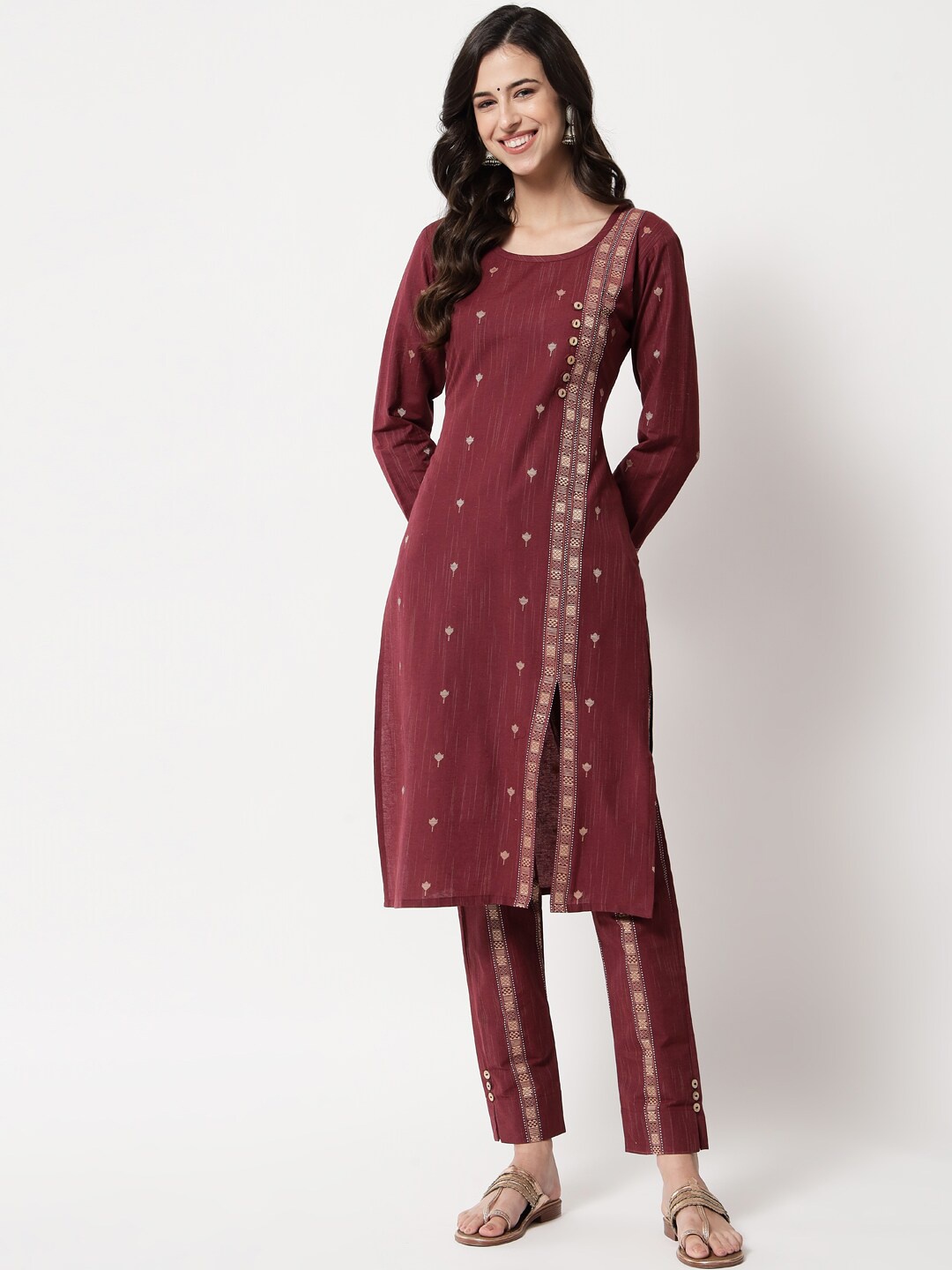 

Tibra Collection Women Maroon Floral Printed Pure Cotton Kurta with Trousers