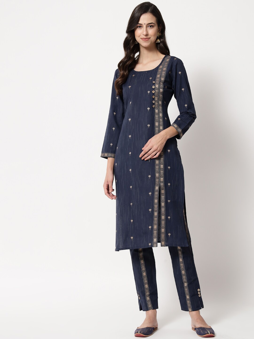 

Tibra Collection Women Navy Blue Floral Printed Pure Cotton Kurta with Trousers