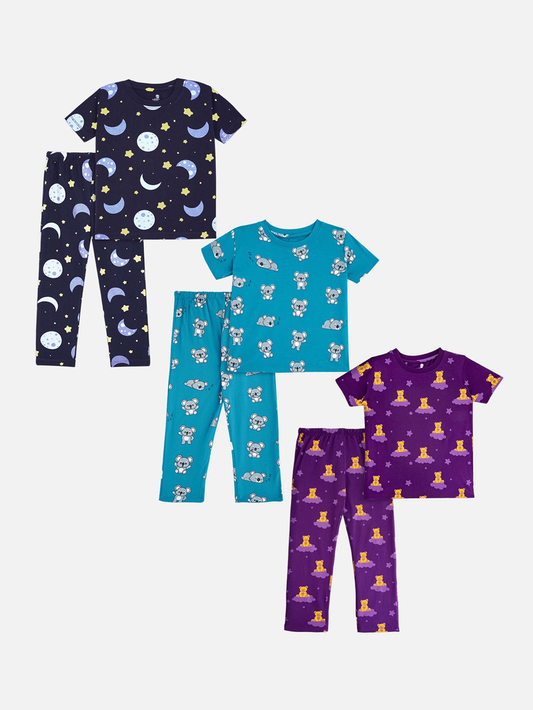 

Cuddles for Cubs Kids Nude-Coloured & Purple Pack of 3 Printed Pure Cotton Nightsuit