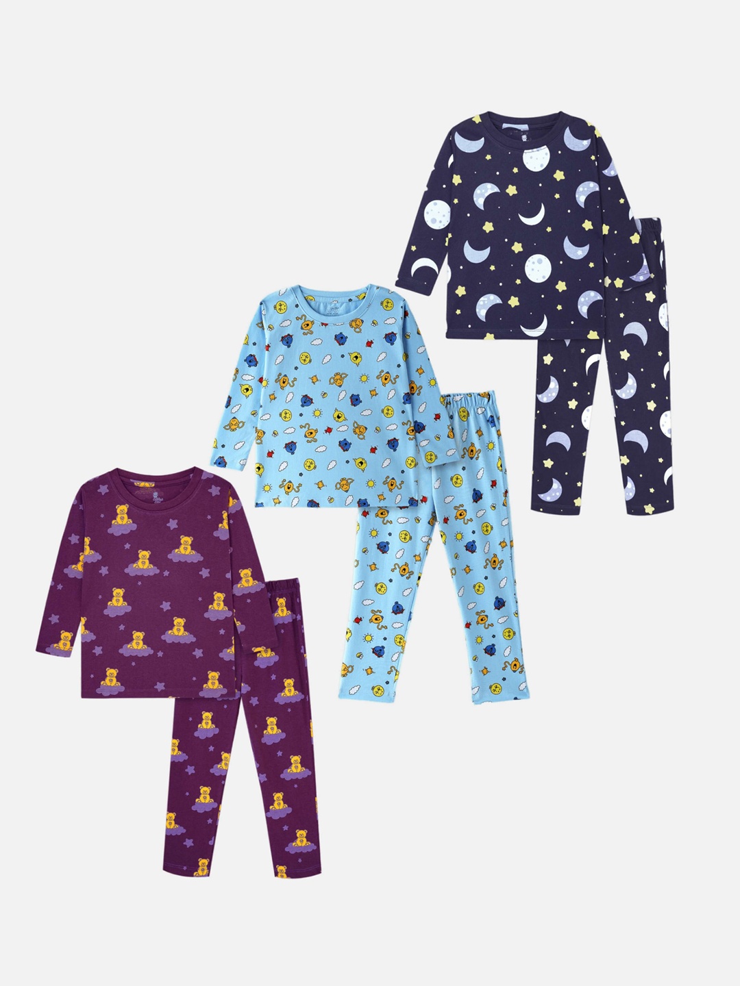

Cuddles for Cubs Kids Pack of 3 Purple & Blue Printed Pure Cotton Nightsuit