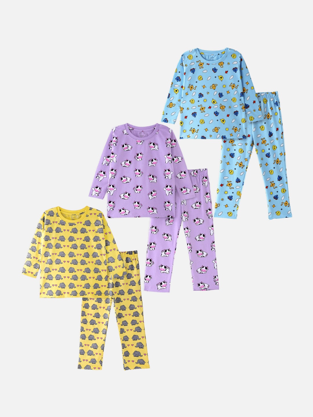 

Cuddles for Cubs Kids Purple & Yellow Pack of 3 Printed Pure Cotton Nightsuit