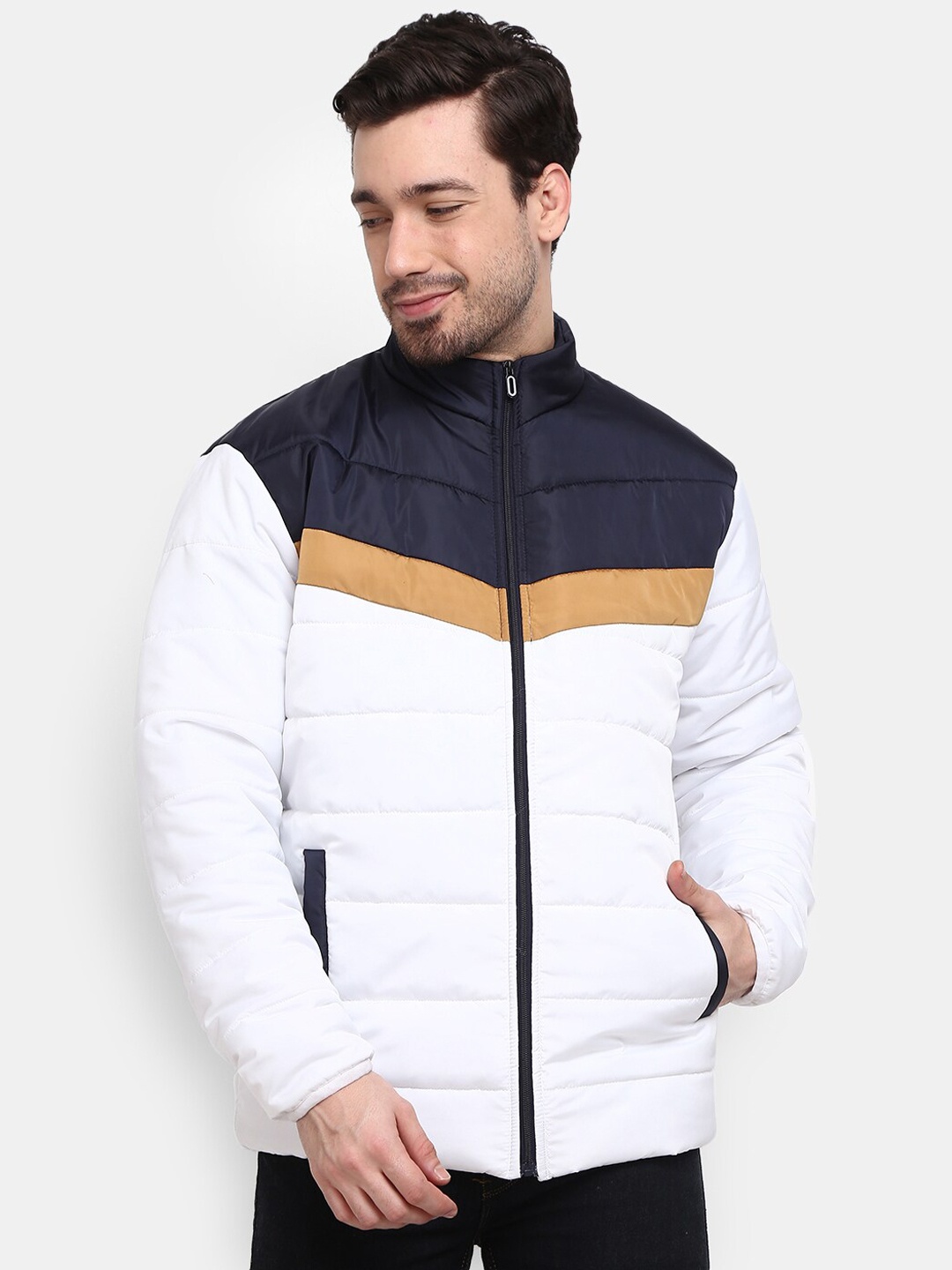 

V-Mart Men White Colourblocked Lightweight Cotton Padded Jacket