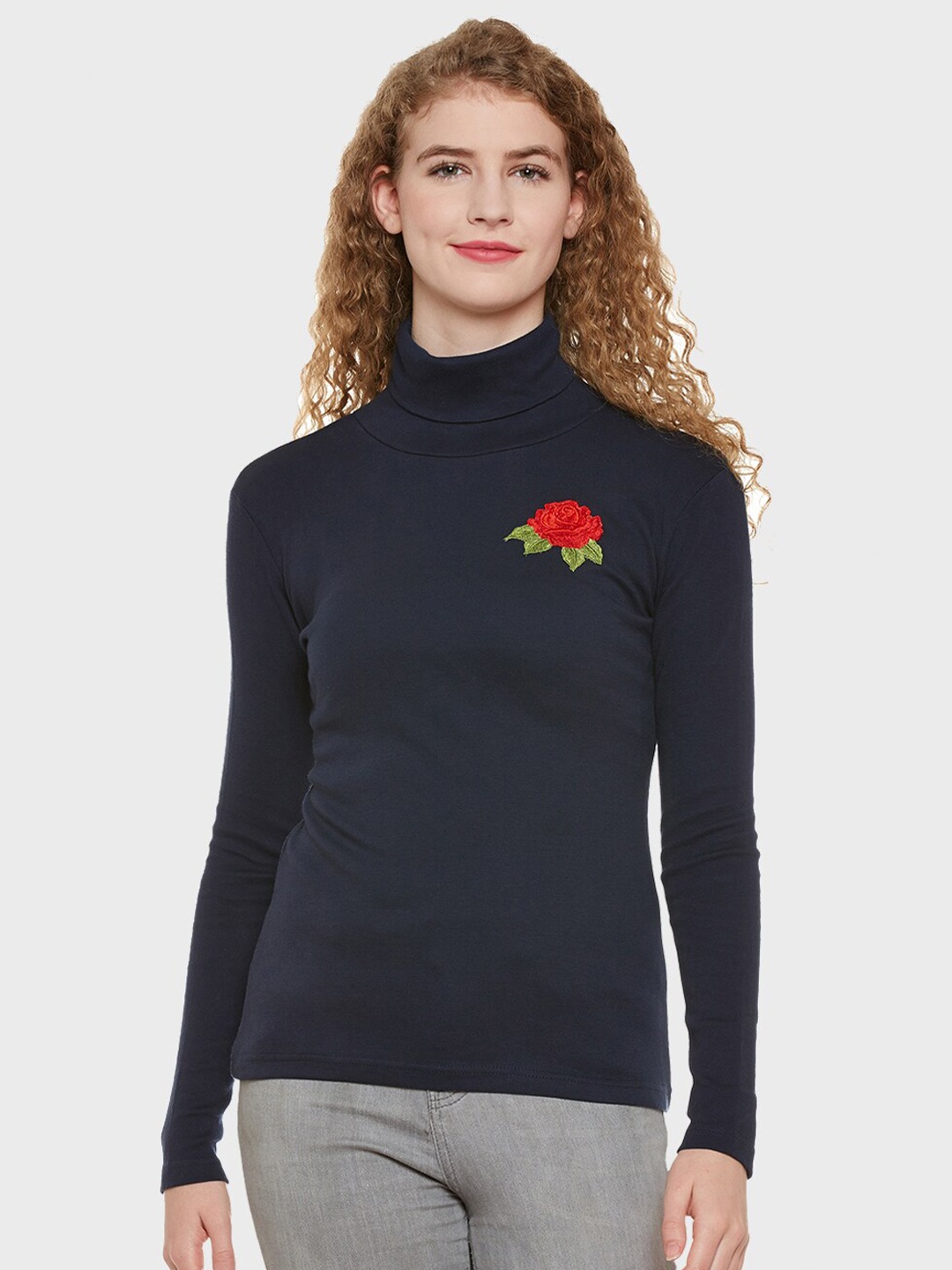 

Hypernation Women Navy Blue High Neck T-shirt