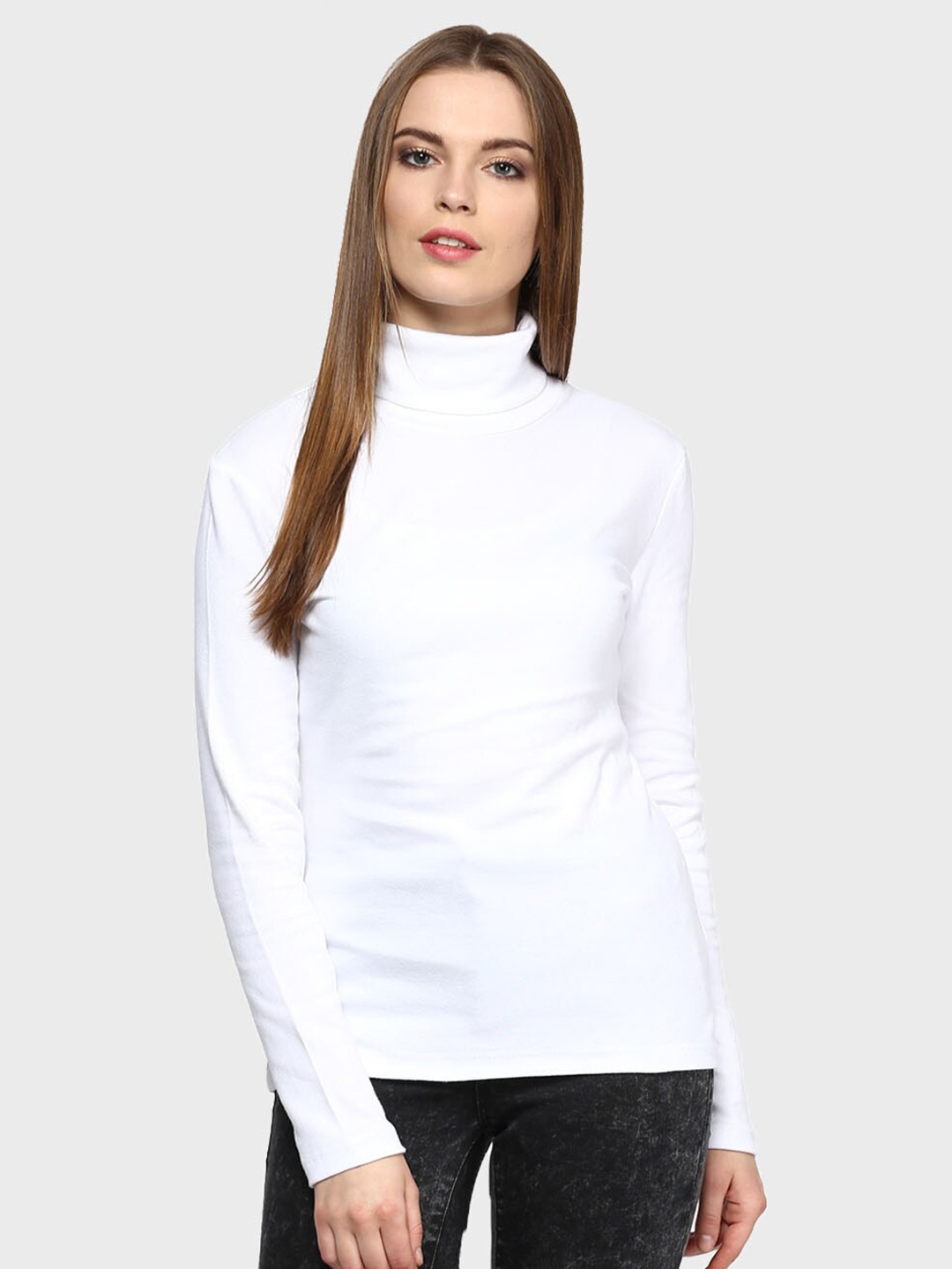 

Hypernation Women White Cotton High Neck T-shirt