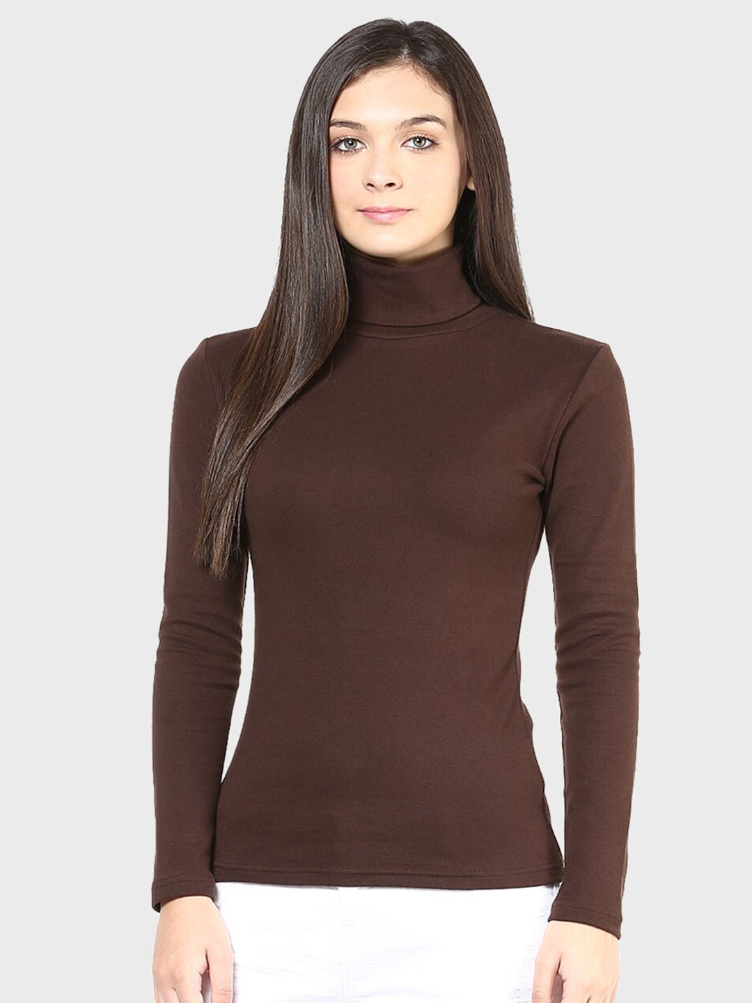 

Hypernation Women Brown High Neck T-shirt