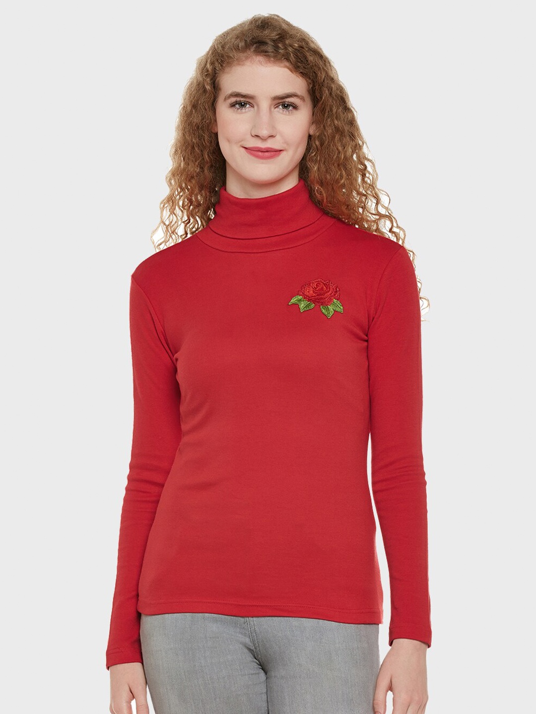 

Hypernation Women Red Cotton High Neck T-shirt