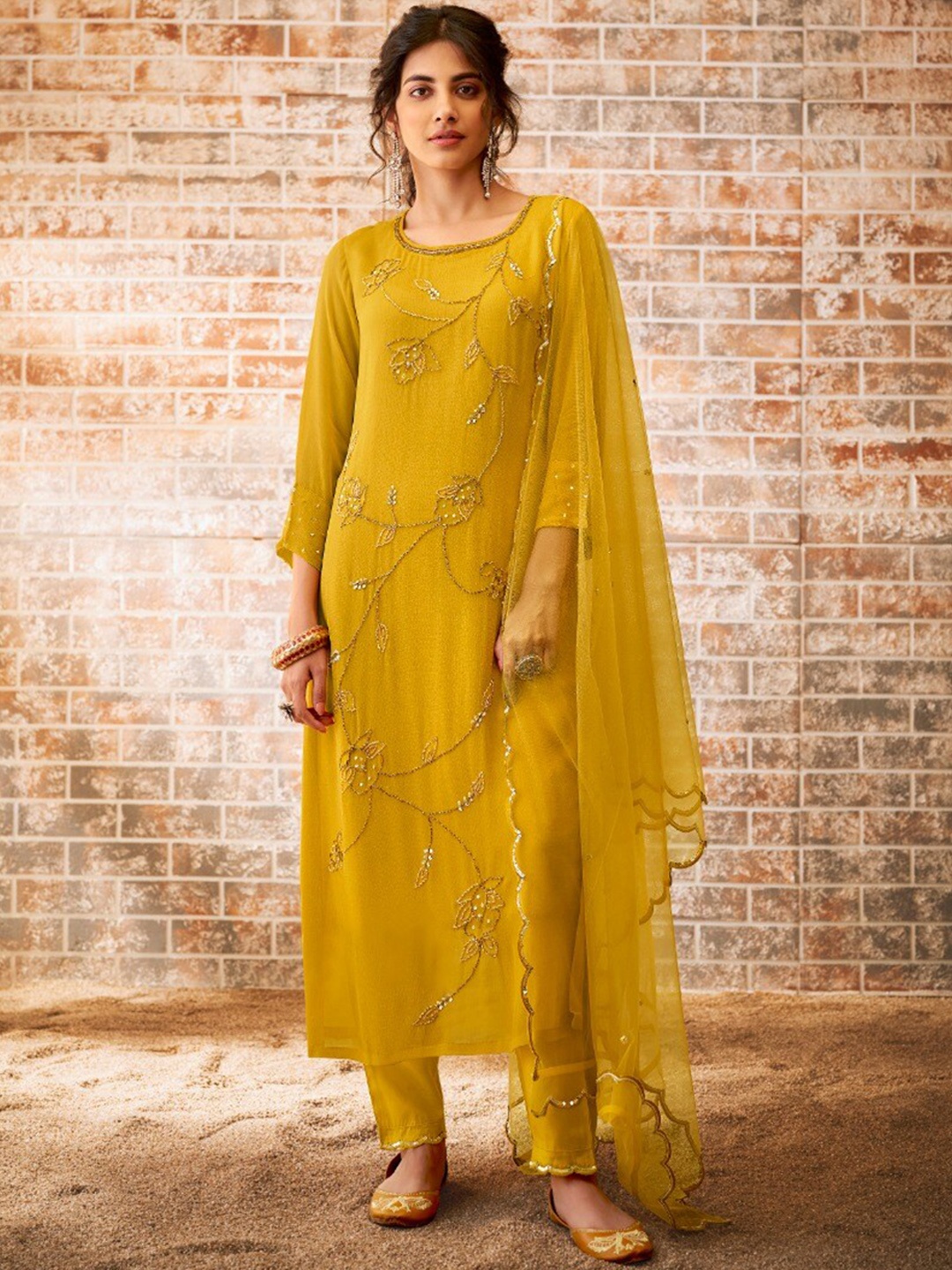 

AUTUMN LANE Women Yellow Embroidered Sequinned Kurta with Salwar & Dupatta