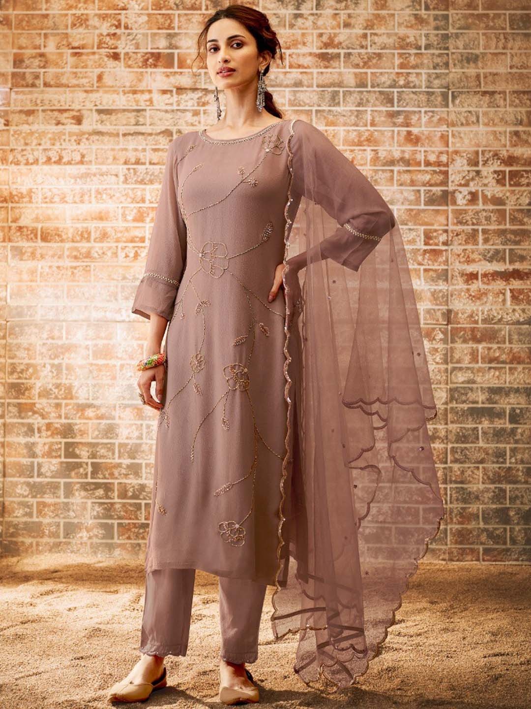 

AUTUMN LANE Women Beige Embroidered Sequinned Kurta with Trousers & Dupatta