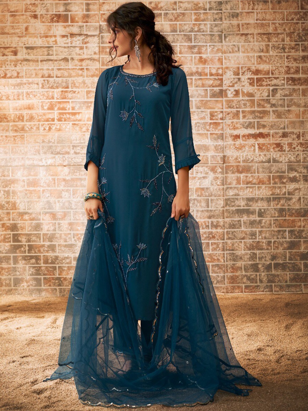 

AUTUMN LANE Women Blue Embroidered Sequined Kurta With Trousers & Dupatta