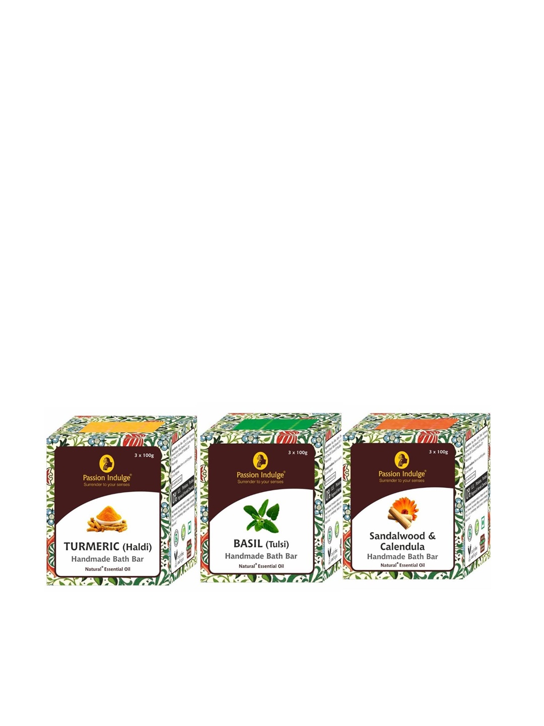 

Passion Indulge Set Of 3 Natural Bath Bar Soap - Sandalwood + Basil + Turmeric - 100g each, Green