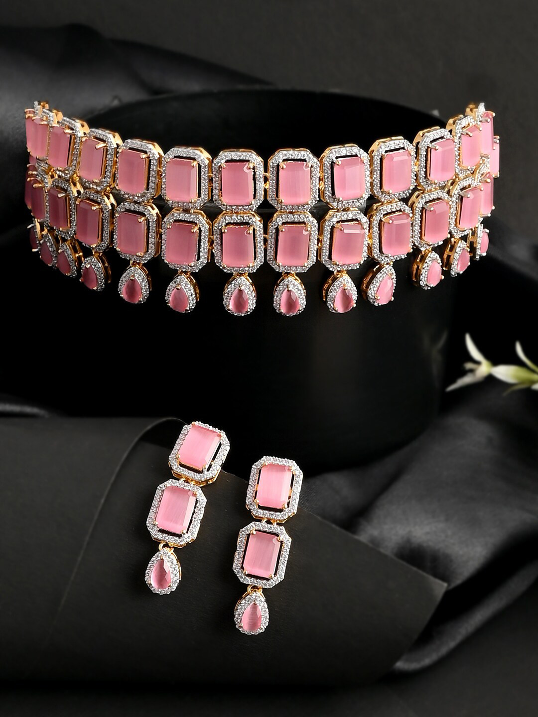 

Voylla Silver-Toned White & Pink Gold-Plated CZ-Studded Jewellery Set