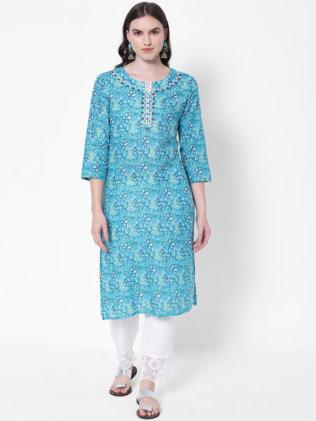 

HEEPOSH Women Blue Floral Printed Thread Work Straight Fit Cotton Kurta
