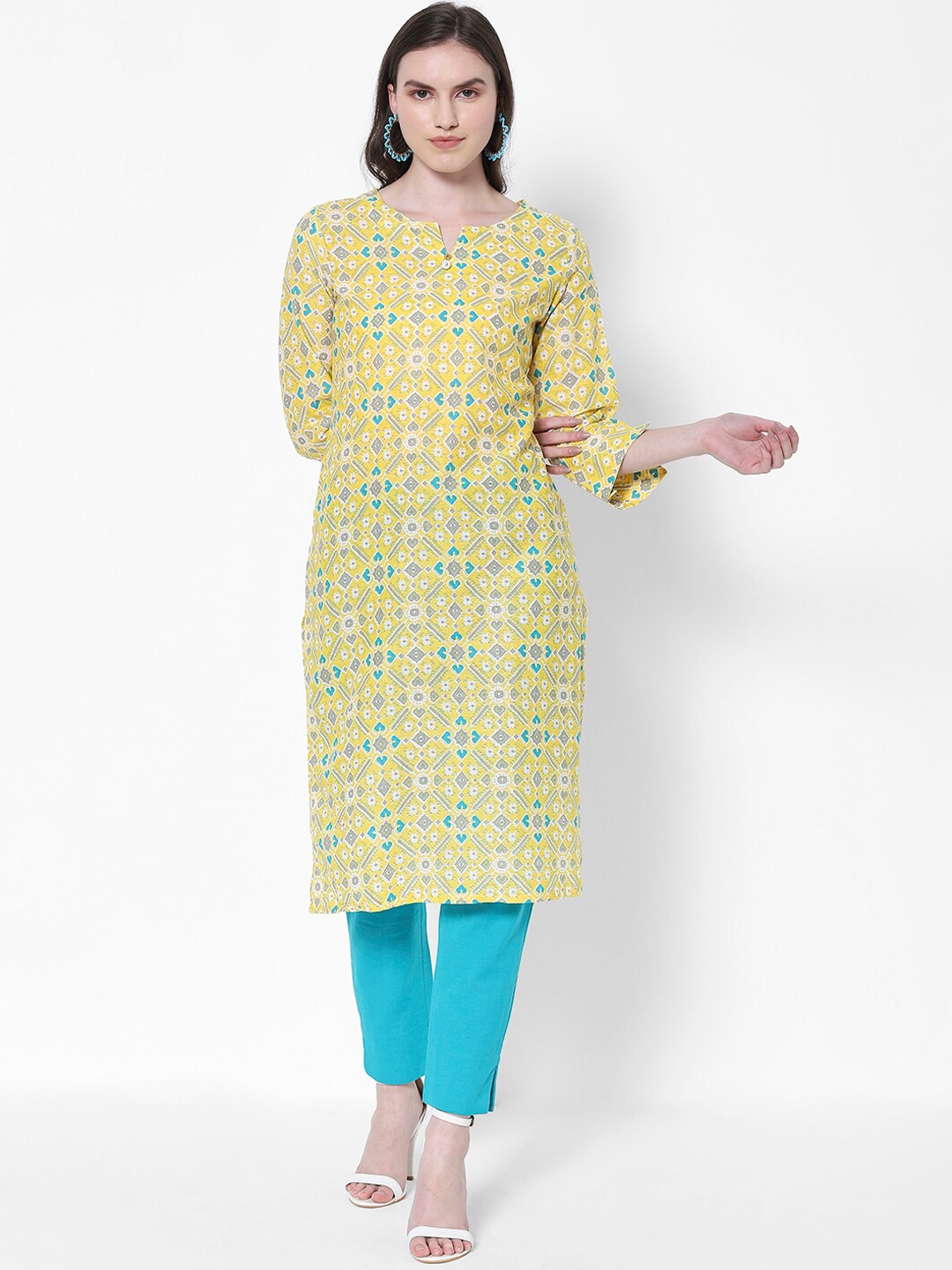 

HEEPOSH Ethnic Motifs Printed Notched Neck Straight Regular Pure Cotton Kurta, Yellow