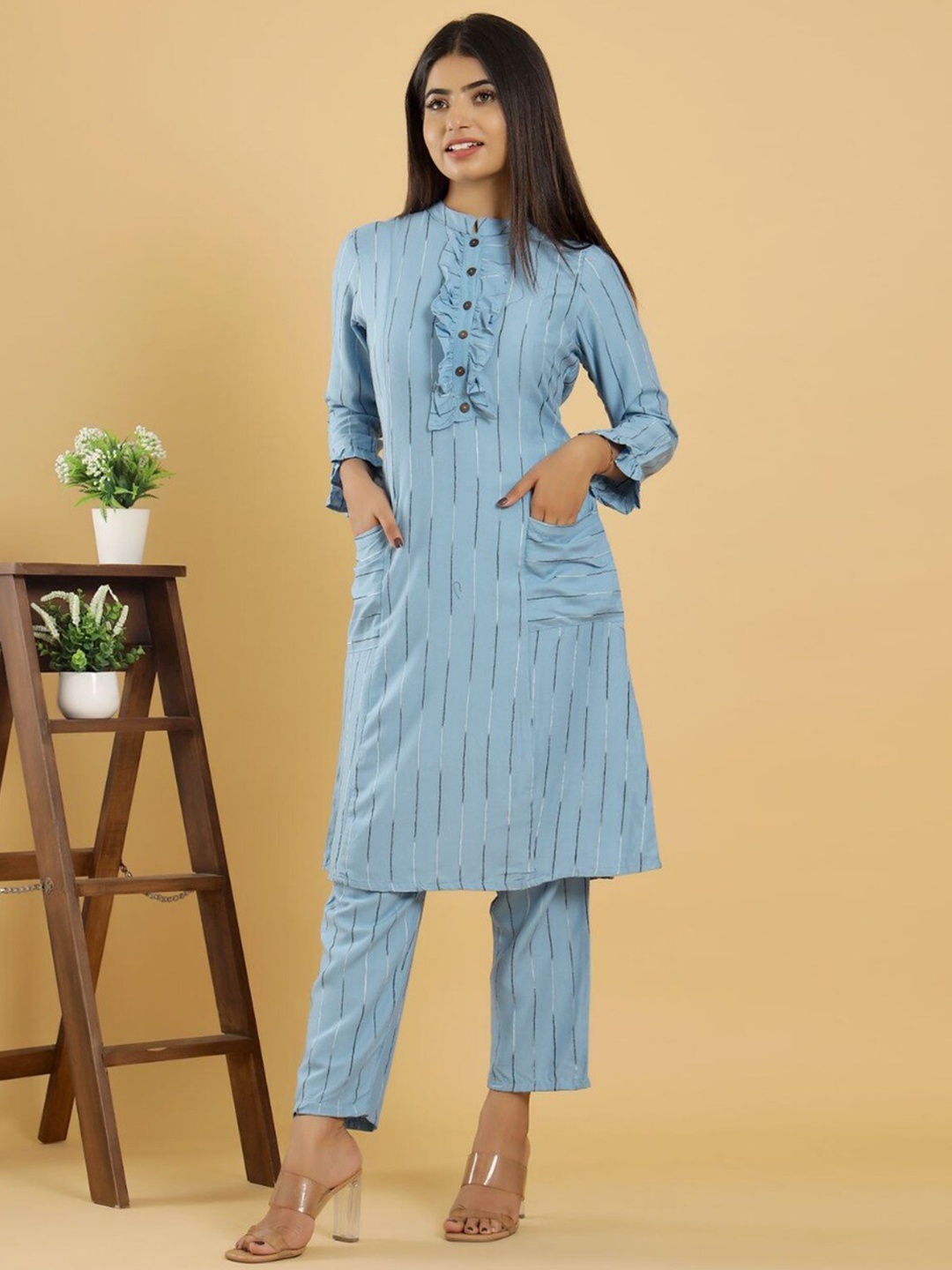 

AUTUMN LANE Women Blue Printed Pure Cotton Kurta with Trousers