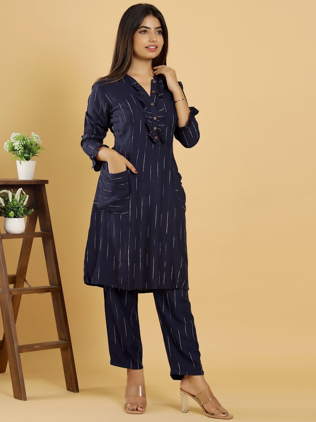 

AUTUMN LANE Women Navy Blue Printed Pure Cotton Top With Trousers