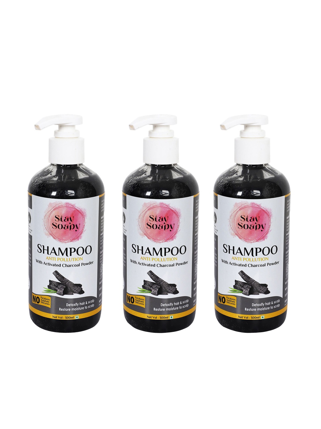 

Stay Soapy Set Of 3 Activated Charcoal Powder Anti Pollution Shampoo 300ml Each, Black