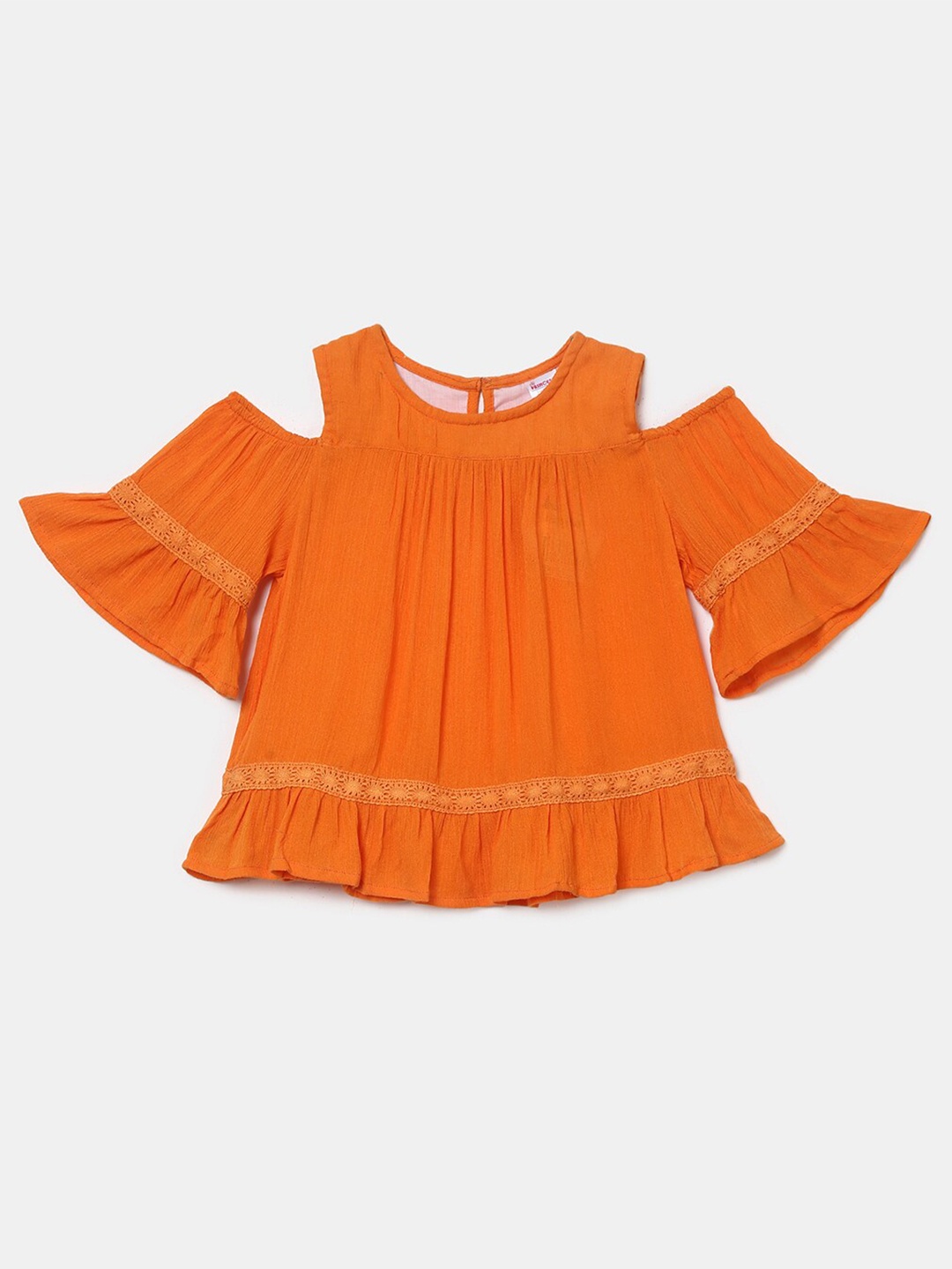 

V-Mart Girls Solid Round Neck Cold Shoulder Top, Orange