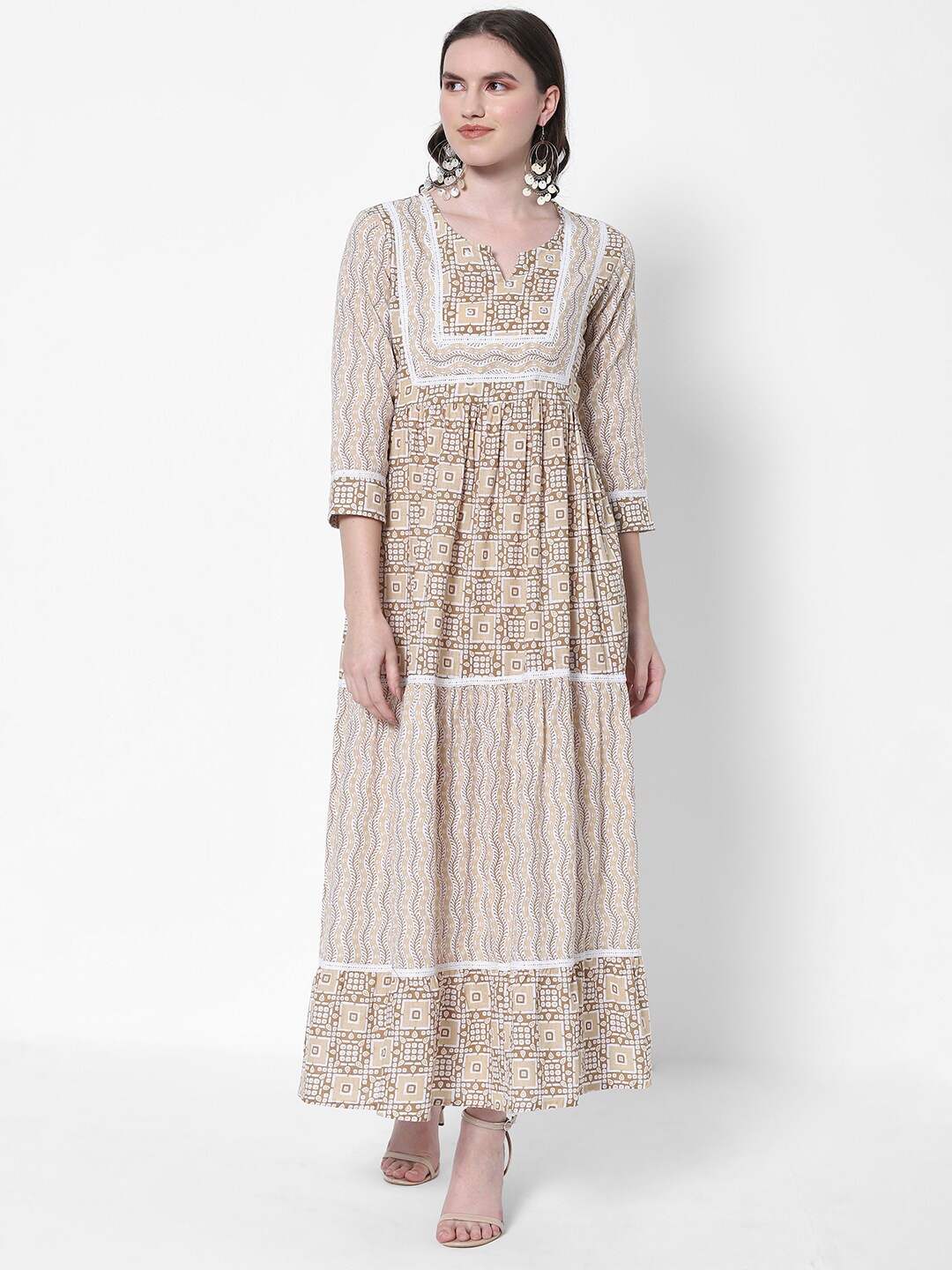 

HEEPOSH Women Beige & White Ethnic Motifs Maxi Cotton Dress