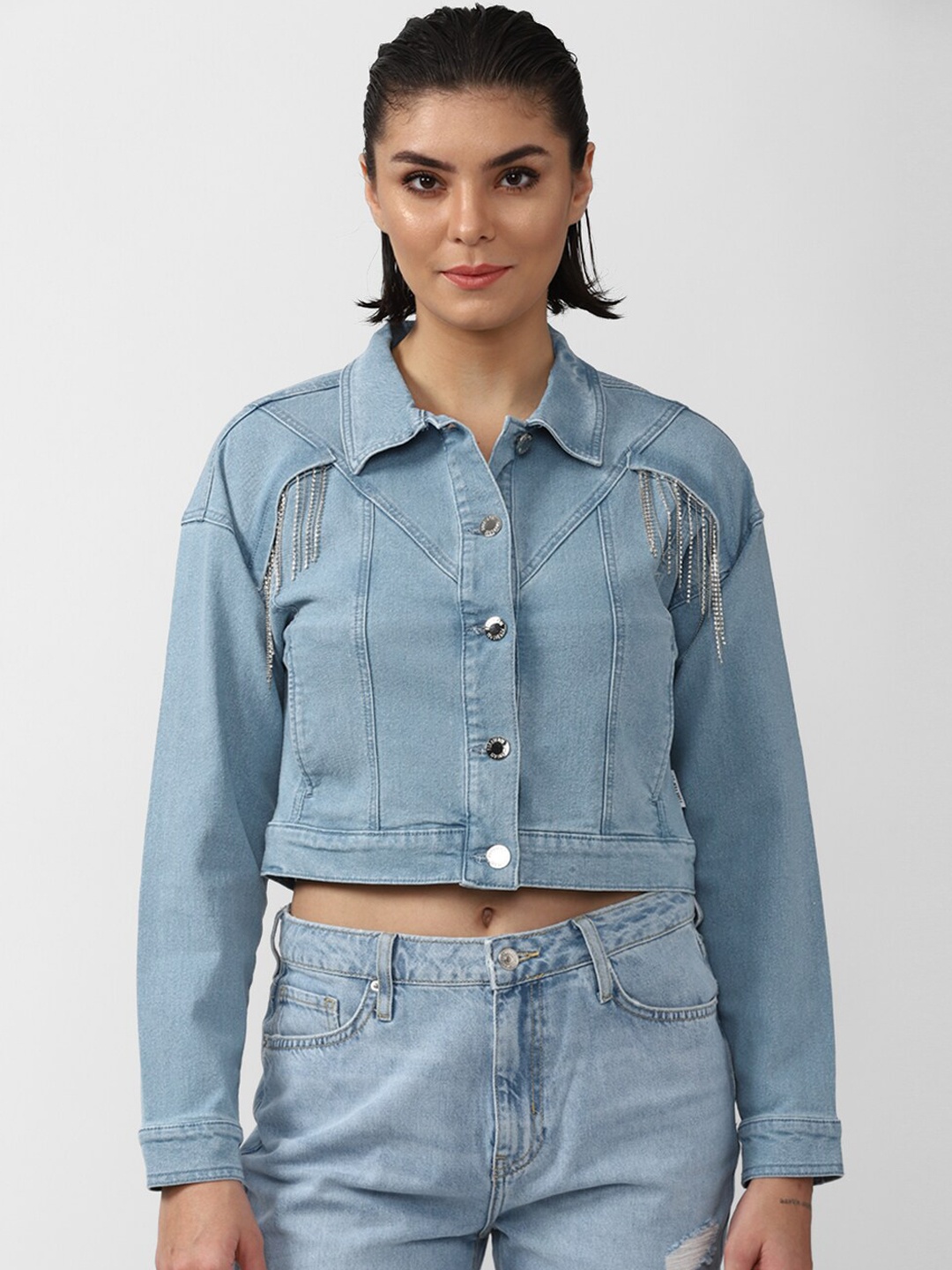 

FOREVER 21 Women Blue Washed Crop Denim Jacket